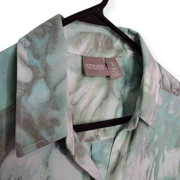 Chico's Women's Plus Size No Iron Floral Paint Print Shirt Italian Aqua size 3 ( - Picture 3 of 7